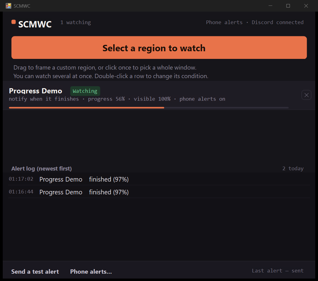 The SCMWC main window: a list of watched regions showing status, condition and progress, with a notification log below